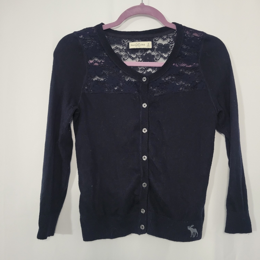 VTG Y2K Abercrombie & Fitch Navy Blue Lace and Cotton Knit Cardigan Sweater S/M